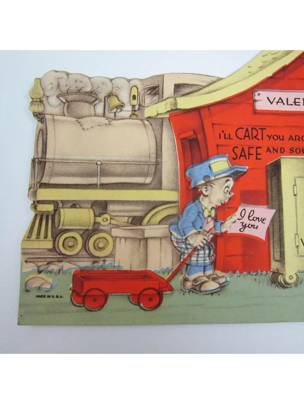 Vintage Valentine Card Mechanical Train Dog Moves Door Opens to Girl in Pink XL